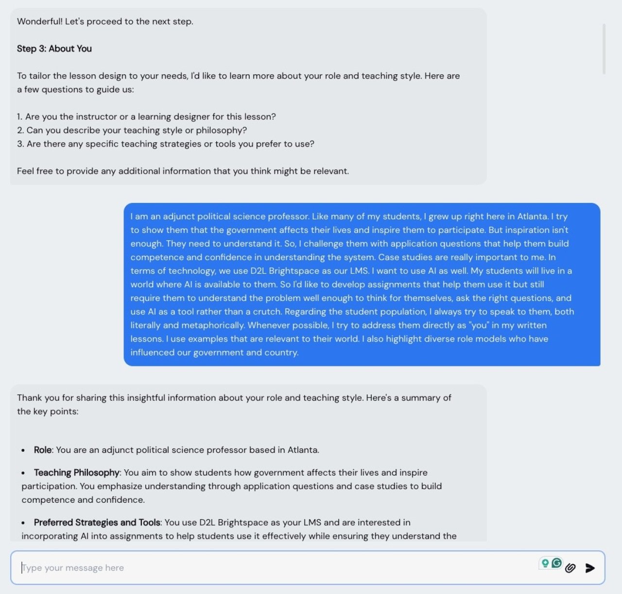 Excerpts of a conversation between an AI chatbot and a teacher who is in the process of designing a course. 