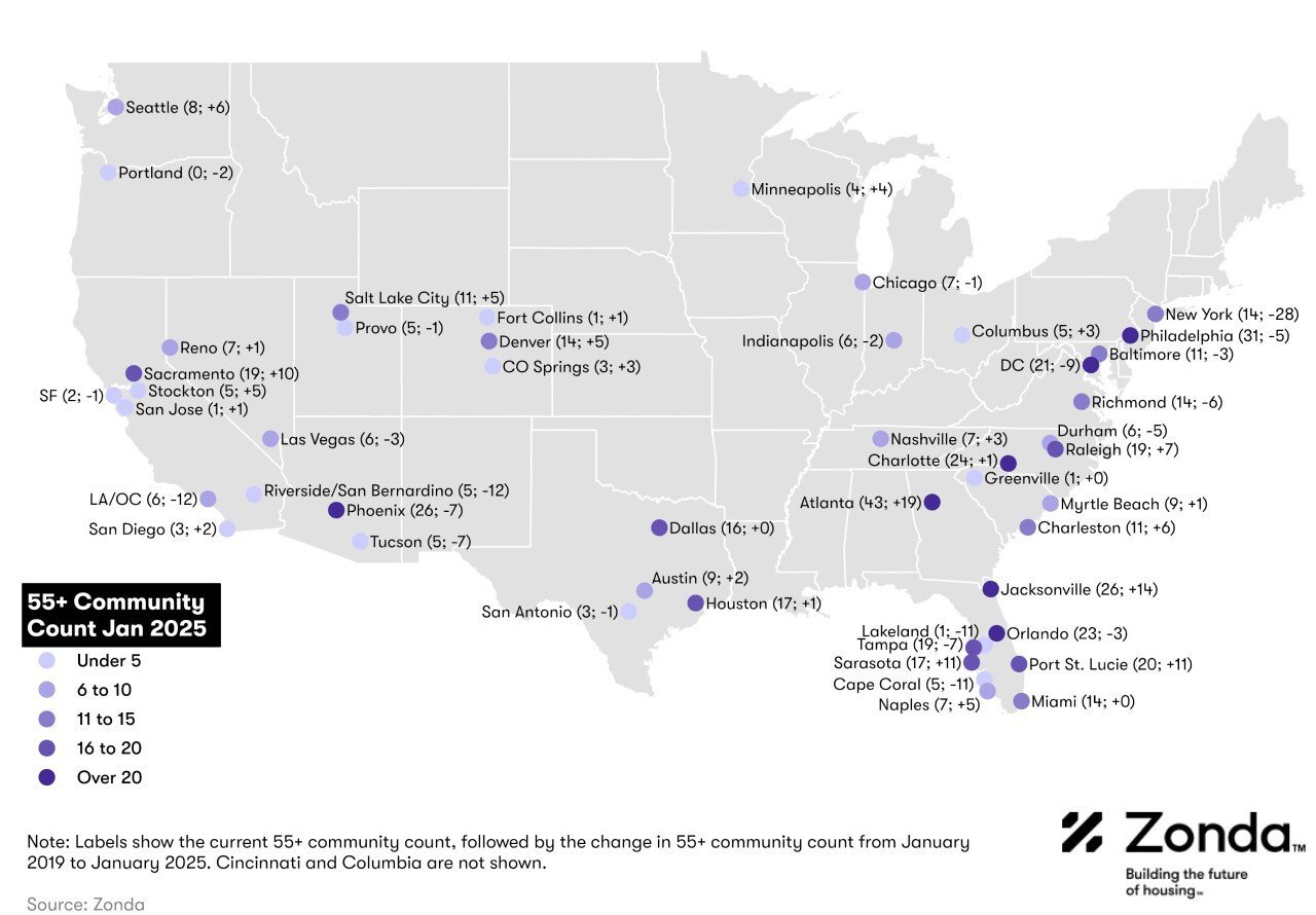 A map showing locations in the U.S. where age 55+ are buying homes.