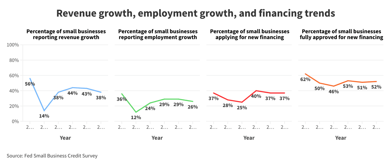 Data graphs showing analysis of revenue growth, employment growth, and financing trends.