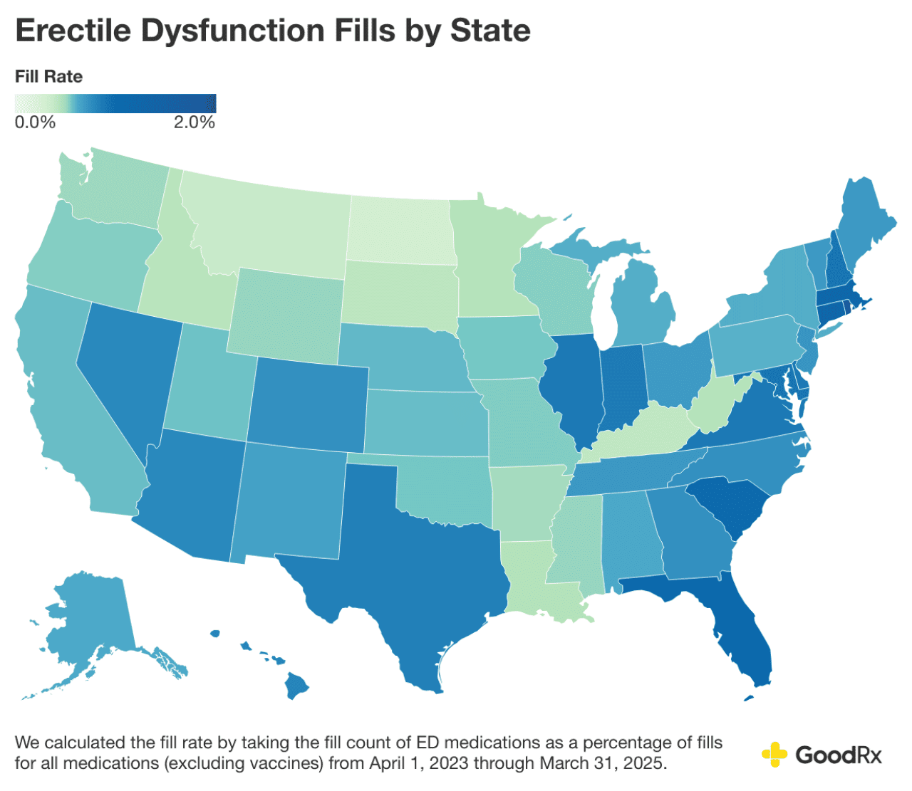 Map showing rate of erectile dysfunction prescription fills by state.