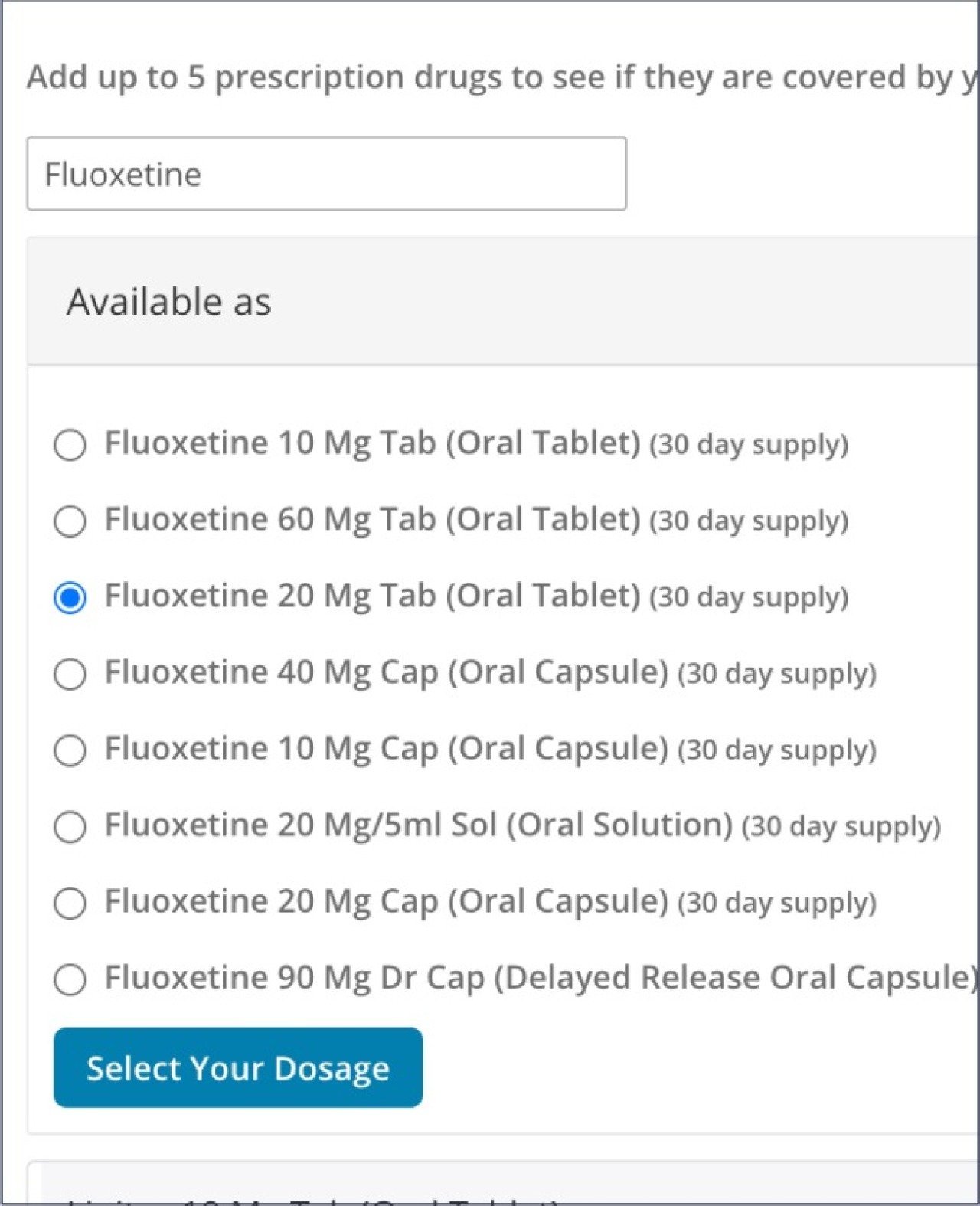 creenshot of the interface for Nevada Health Link displaying a respondent’s selection for the prescription drug Fluoxetine.