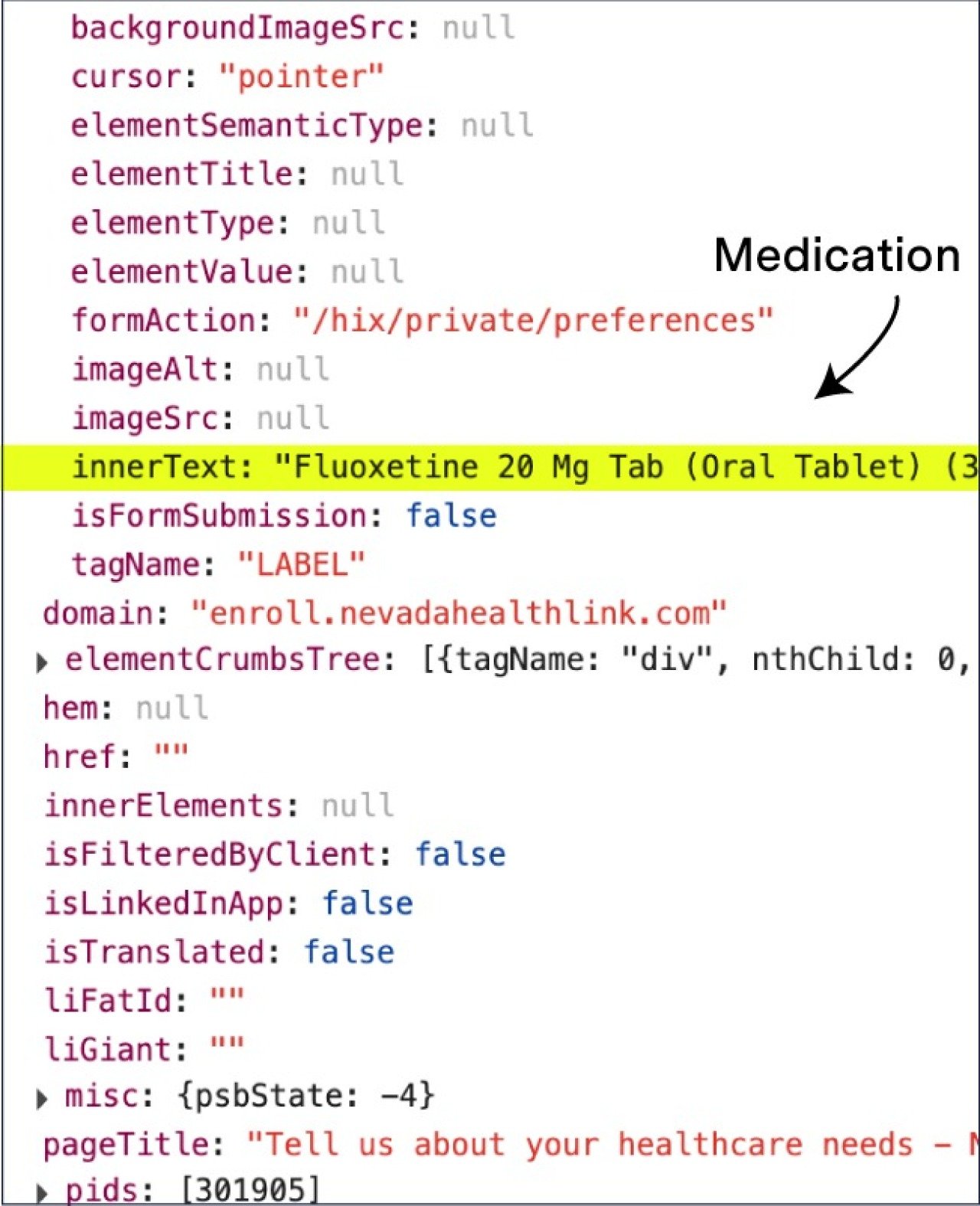 Screenshot highlighting the line of code where Nevada Health Link shares the respondent’s medication with LinkedIn.