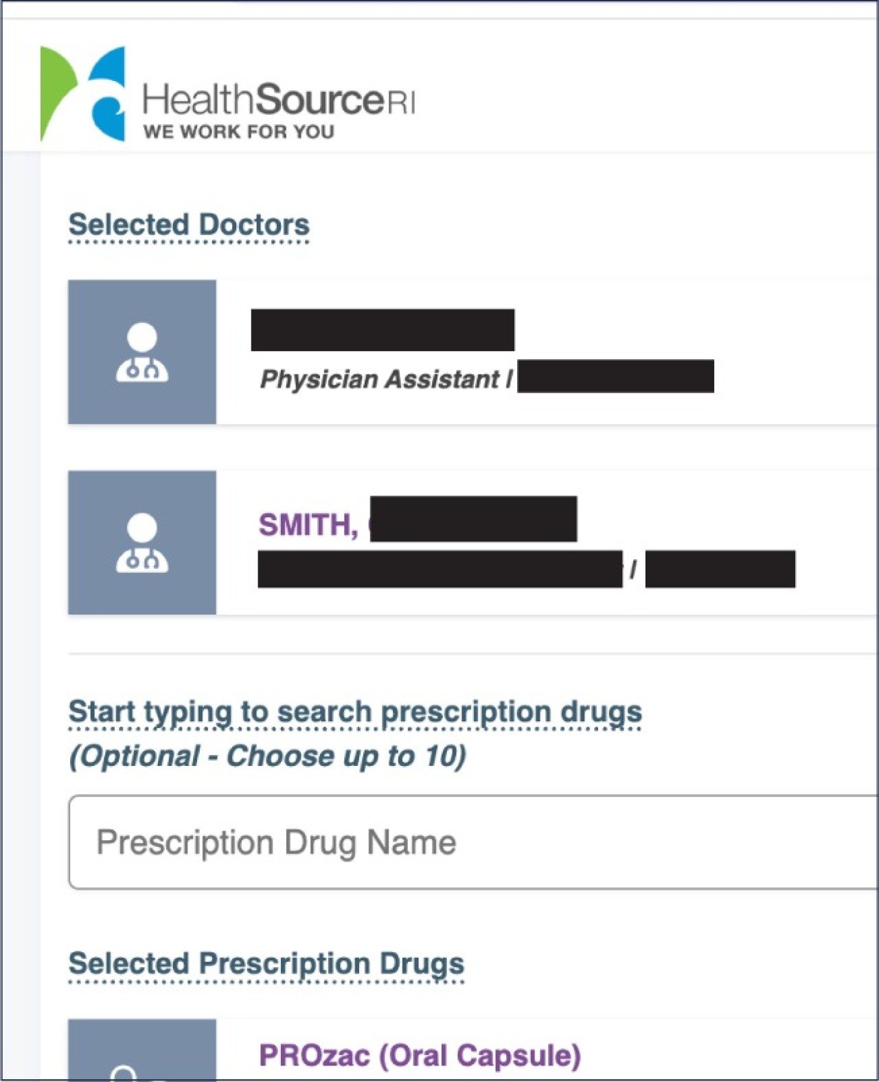 Screenshot of the interface for HealthSource RI displaying a respondent’s selection for medical providers.