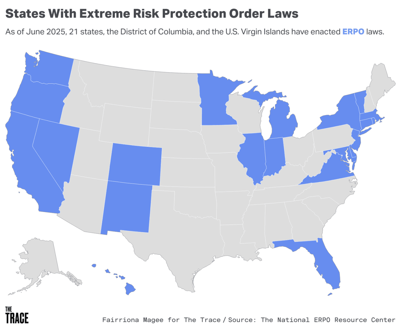 Map showing which states have extreme risk protection order laws.