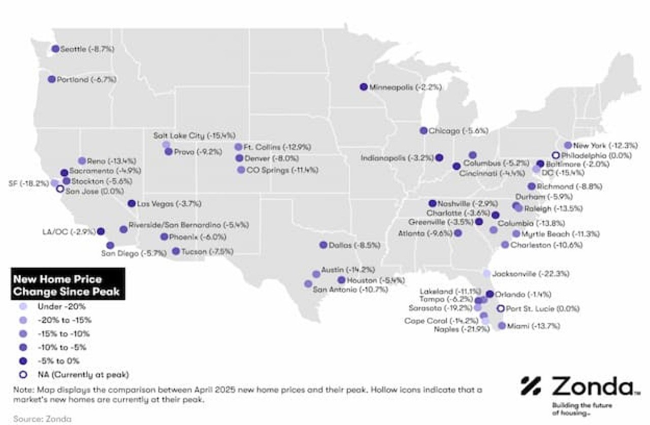 Map showing data revealing several trends and patterns emerging to pricing in the new-home market.