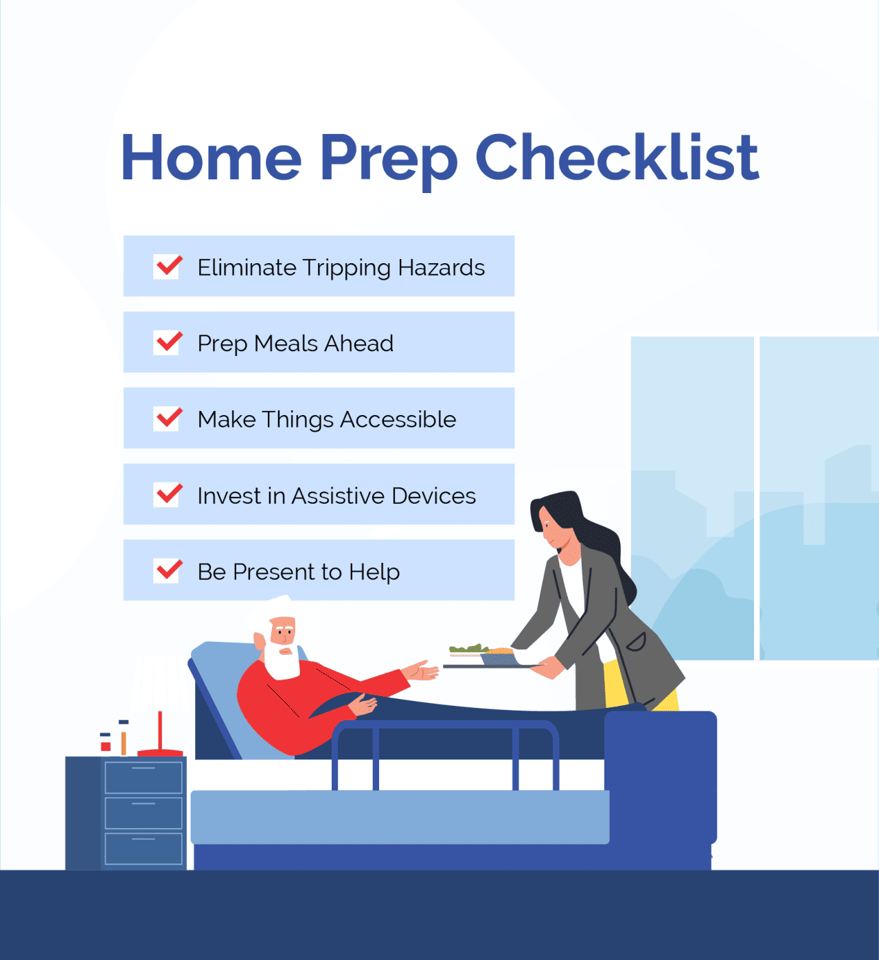 Home prep checklist for caring post-surgery.