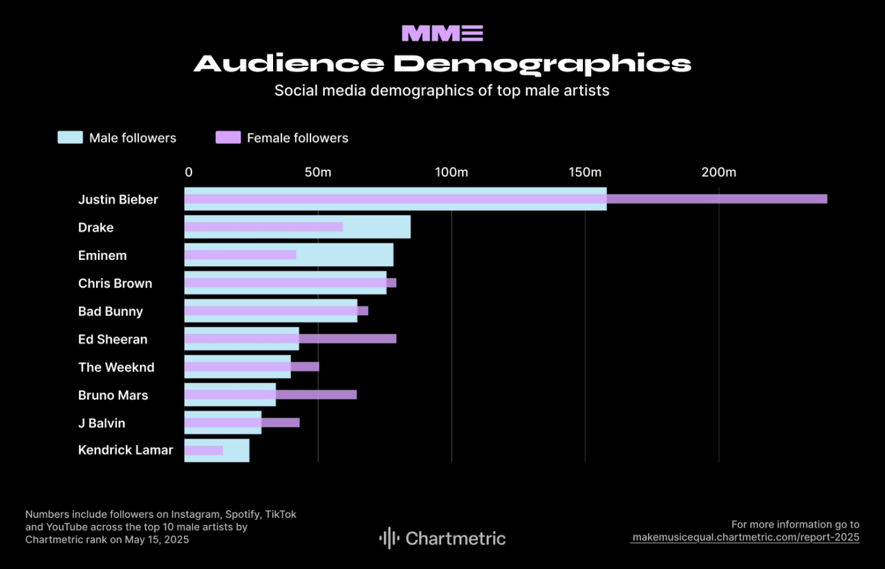 Data showing the social media demographics of top male artists.