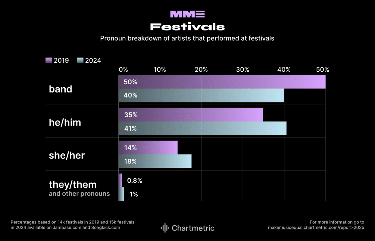 Data showing pronoun breakdown of artists that performed at festivals.