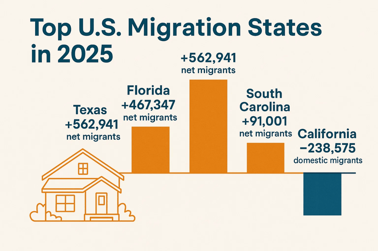 Infographic showing the top U.S. migration states in 2025.