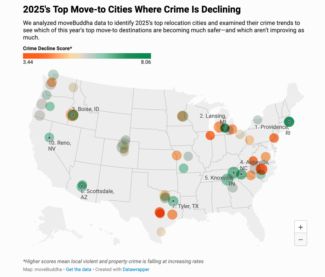 Data map showing 2025's top move-to cities where crime is declining.