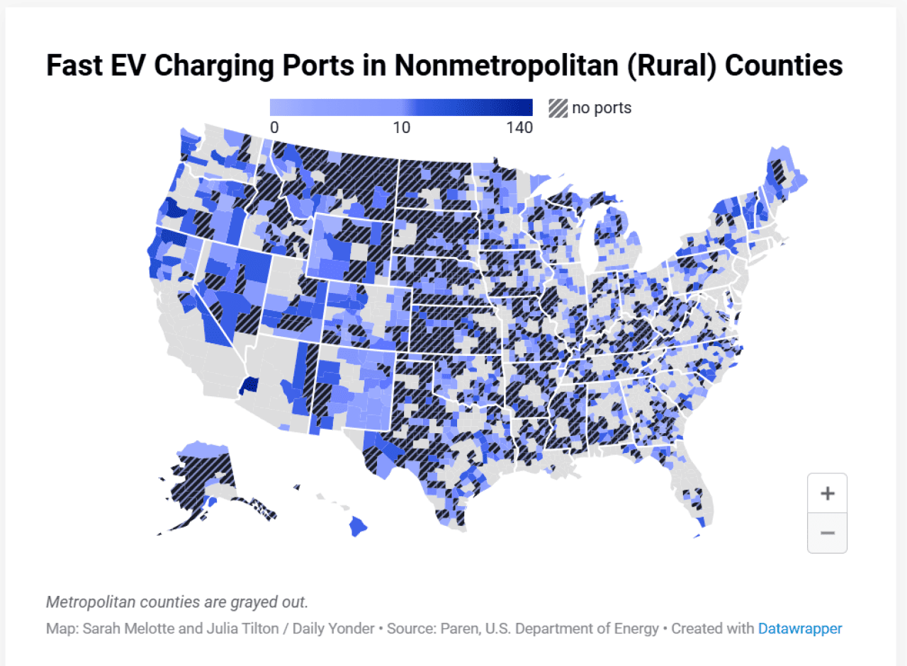 A map showing the density of fast EV charging ports in rural counties in the U.S.