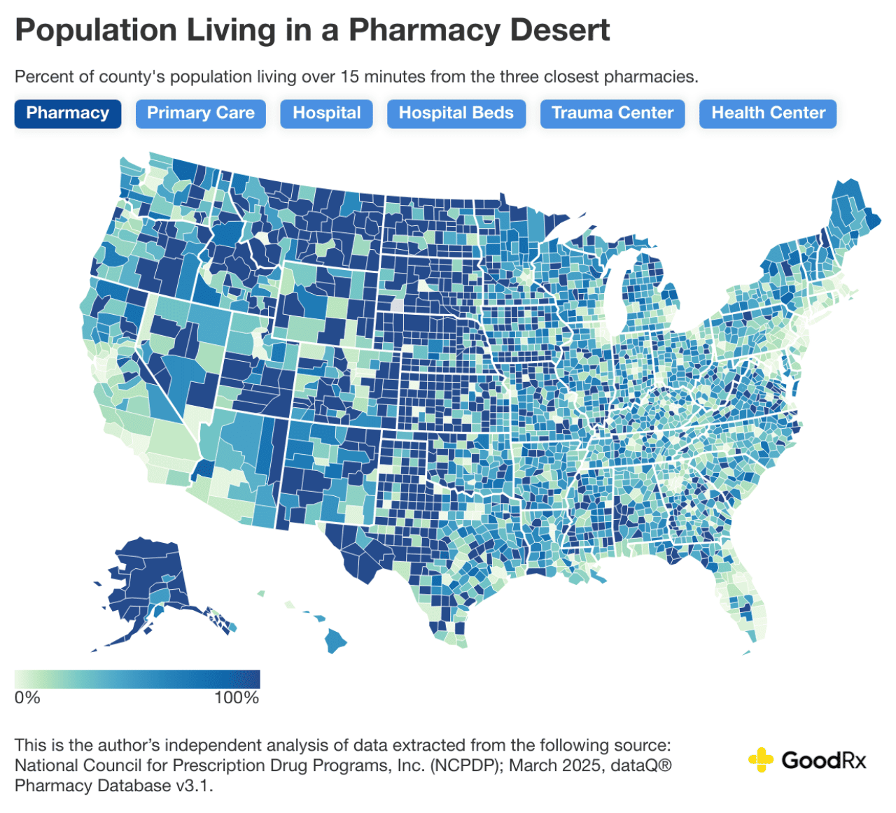 Data map showing the percent of county's population living over 15 minutes from the three closest pharmacies.