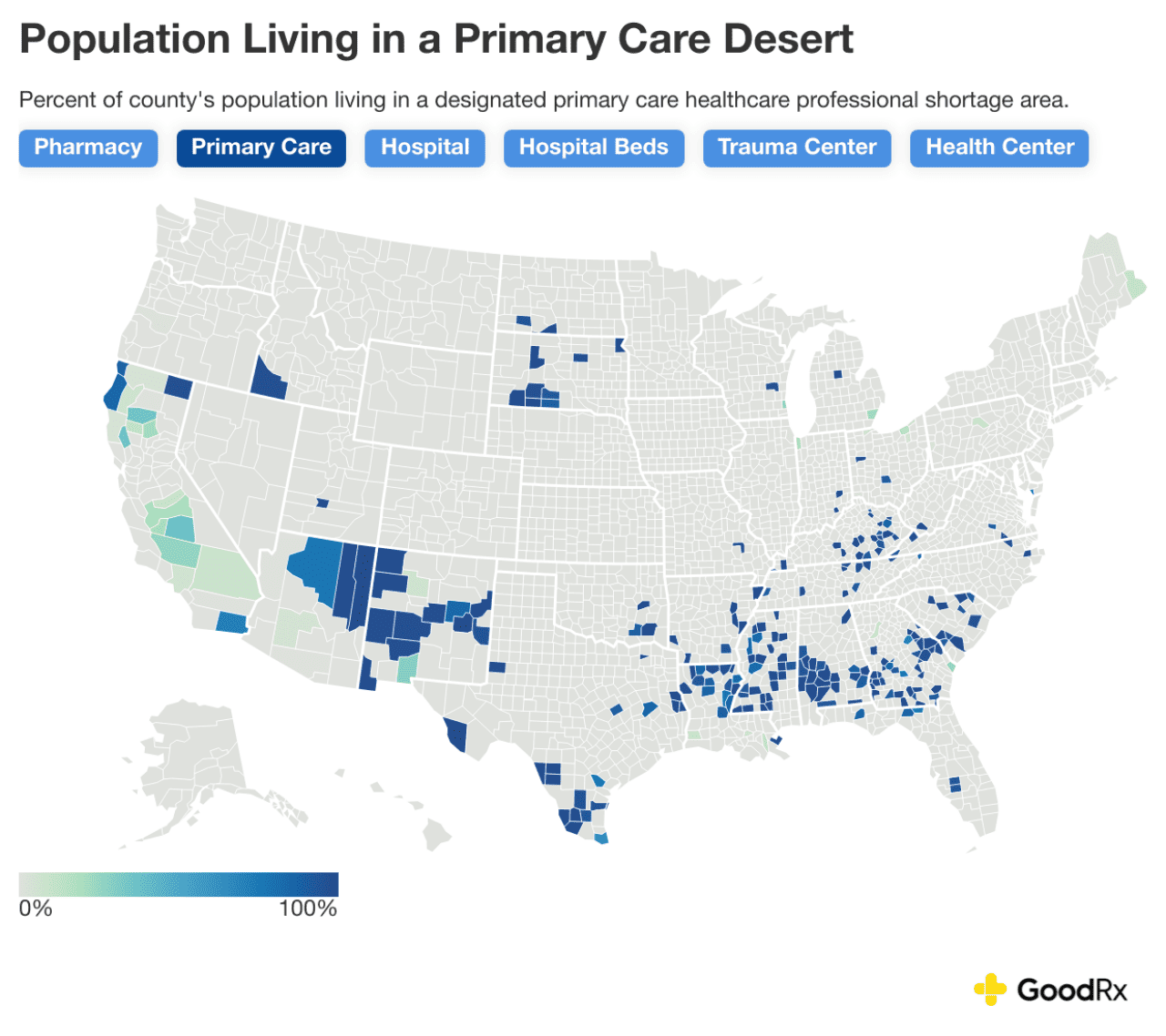 Data map showing the percent of county's population living in a designated primary care healthcare professional shortage area.