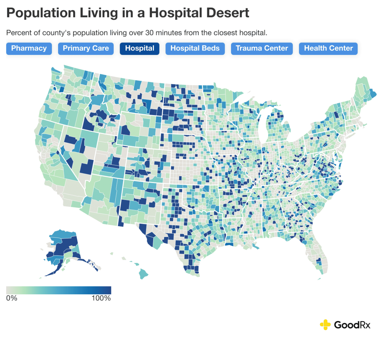 Data map showing the percent of county's population living over 30 minutes from the closes hospital.