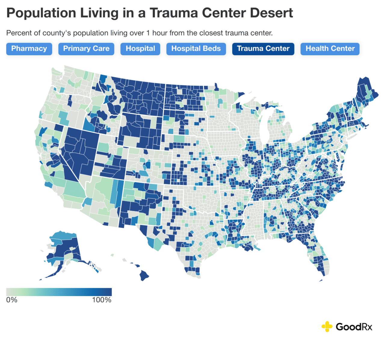 Data map showing the percent of county's population living over 1 hour from the closes trauma center.