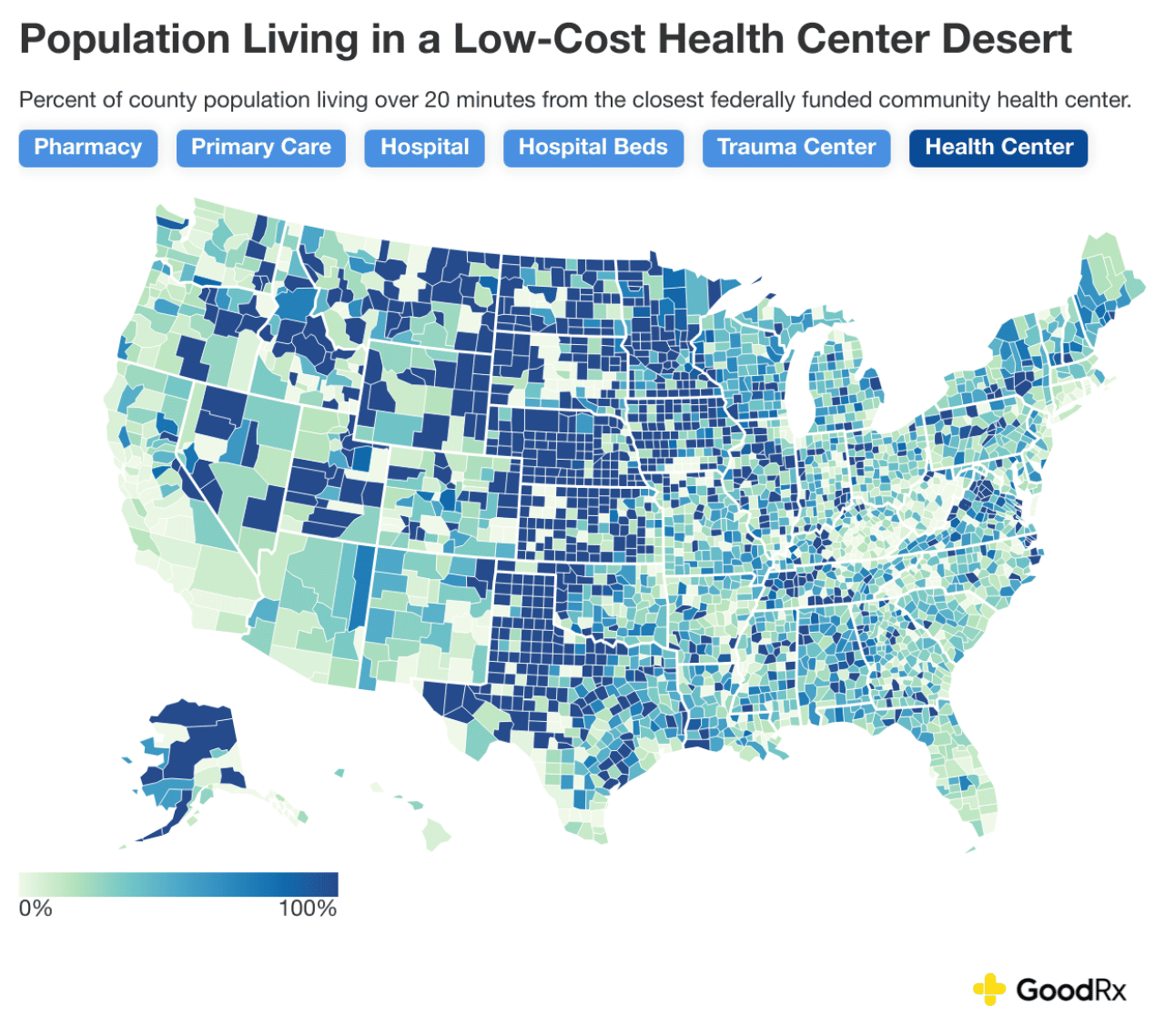 Data map showing the percent of county's population living over 20 minutes from the closest federally funded community health center.