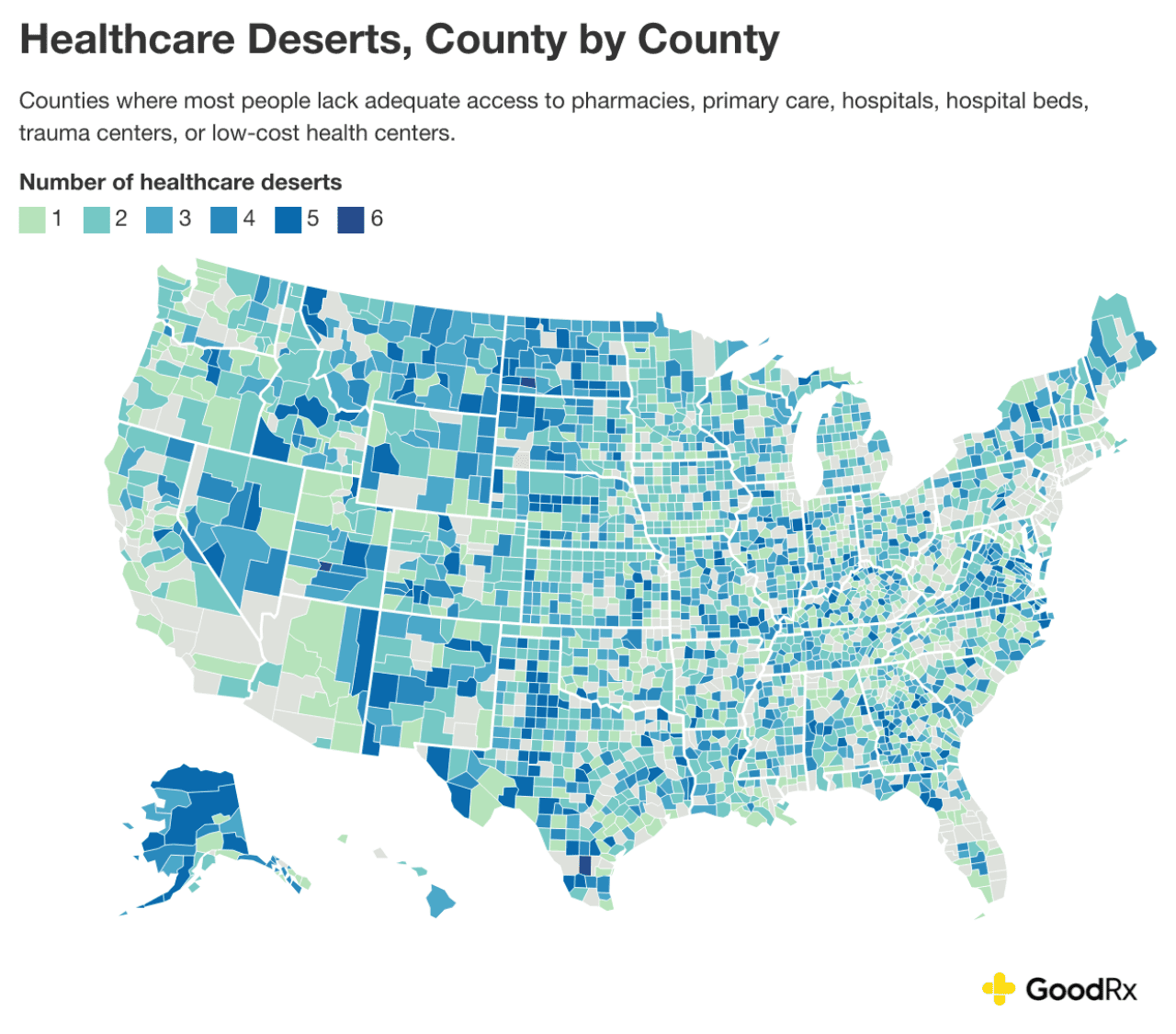 Data heat map showing the counties where most people lack adequate access to pharmacies, primary care, hospiatls, hospital beds, trauma centers, or low-cost health centers.