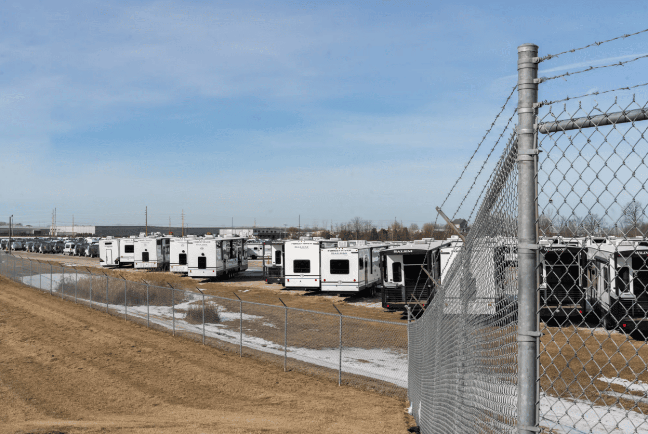 RVs parked in Elkhart, Indiana, known as the “RV capital of the world.