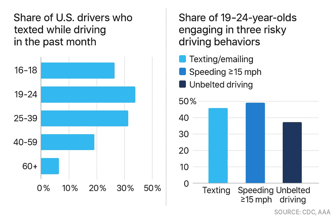 Chart showing share of U.S. drivers of different age groups who engaged in distracted driving behaviors.