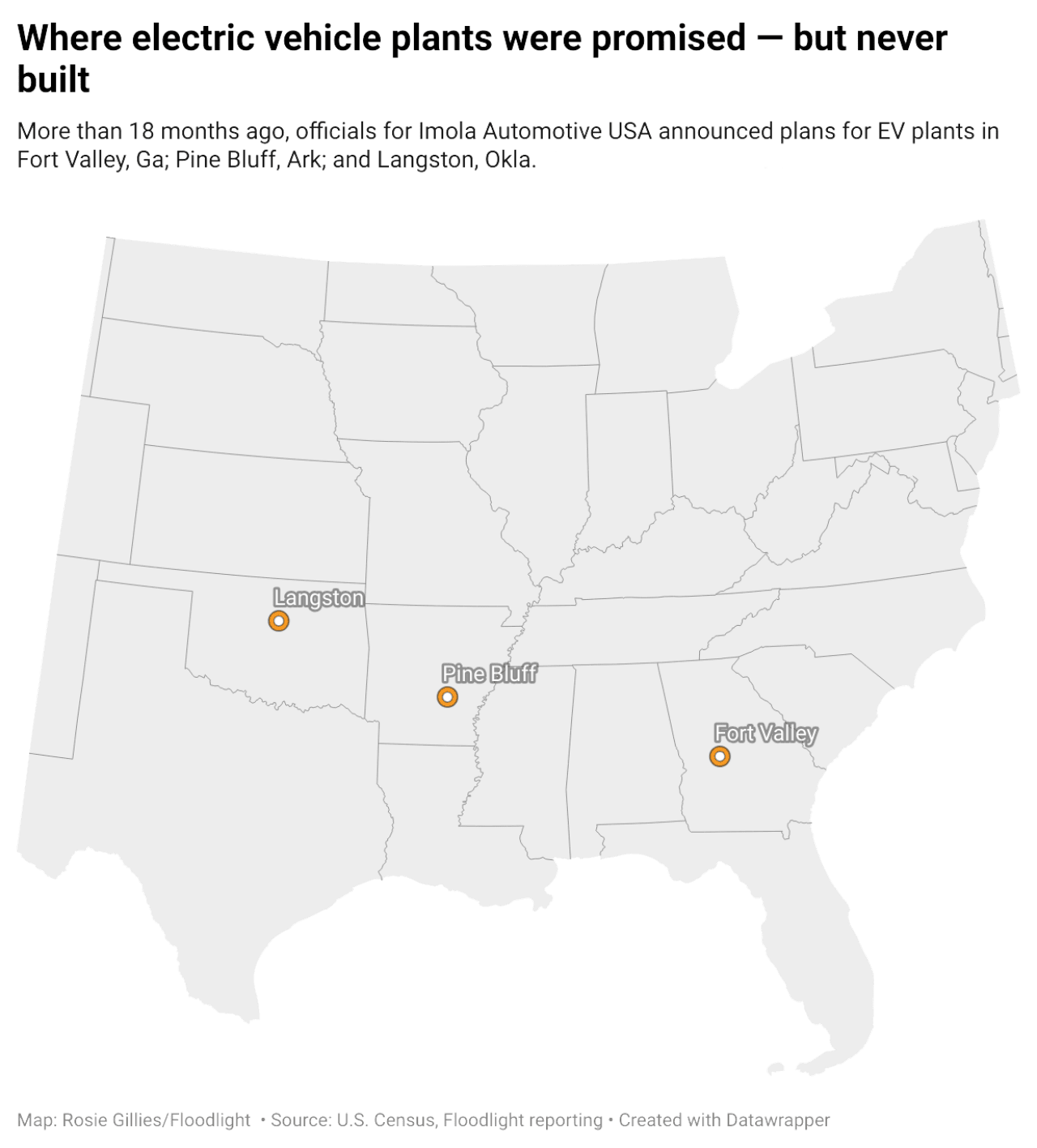 Data map showing which towns where electric vehicle plants were promised but never built.