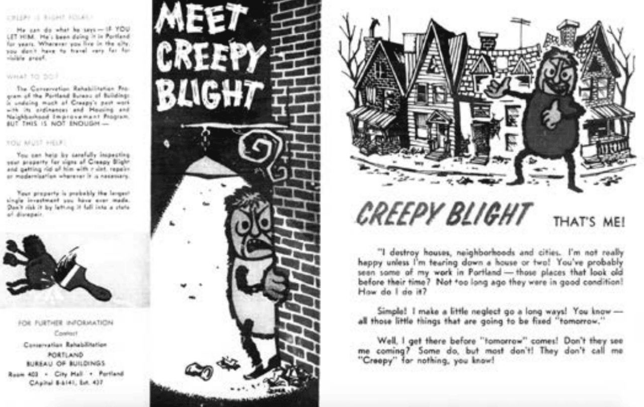A black-and-white brochure featuring a caricature of an exaggerated creature that destroys neighborhoods called 