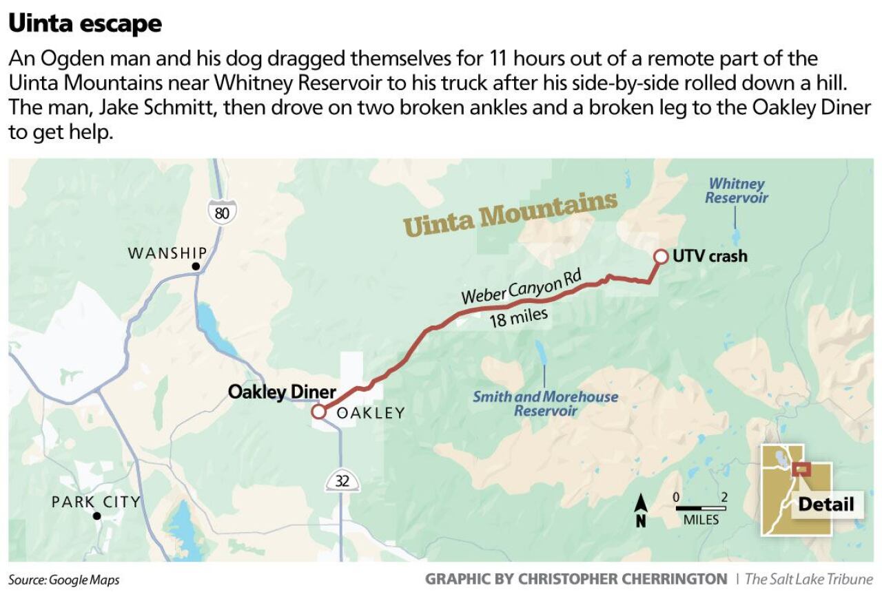 Map demonstrating the distance between the UTV crash site and Oakley Diner.