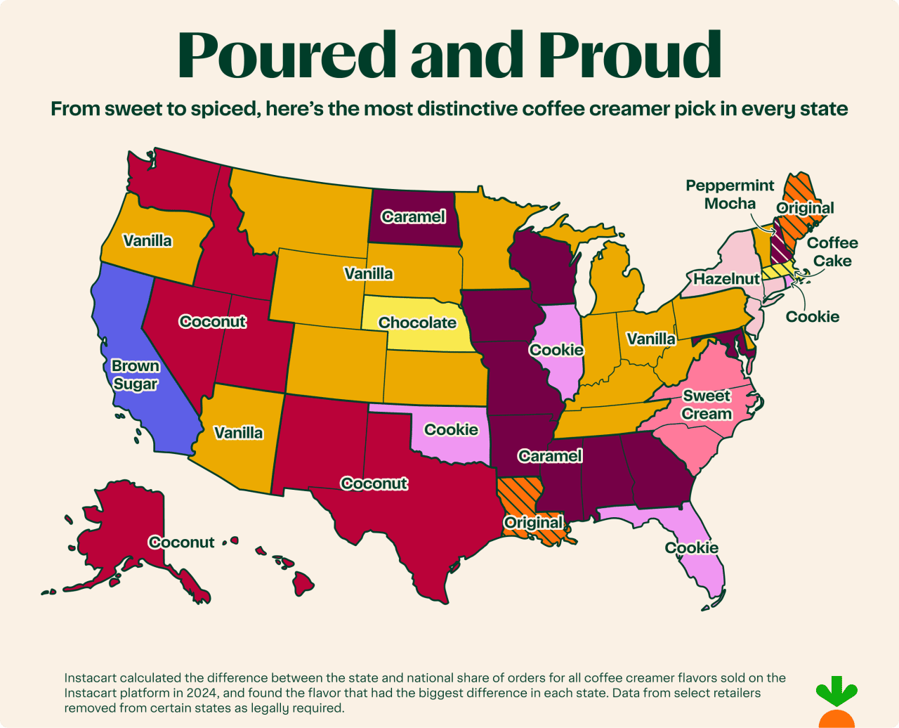 Map showing most popular coffee creamer flavors by state.