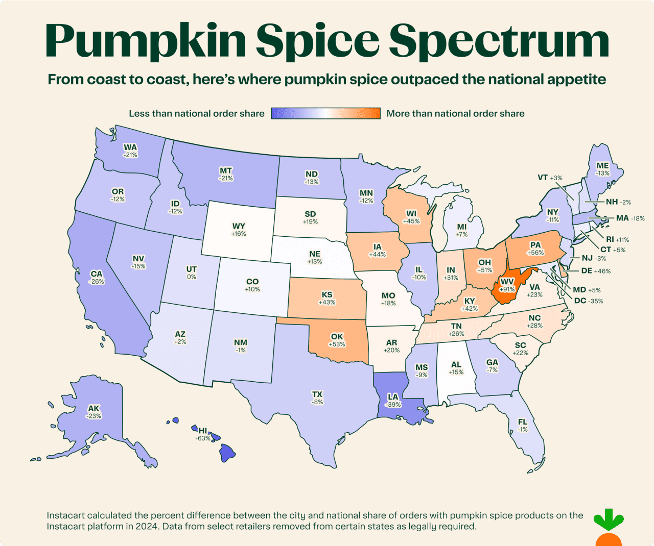 Map showing which states have the most pumpkin spice product orders. 