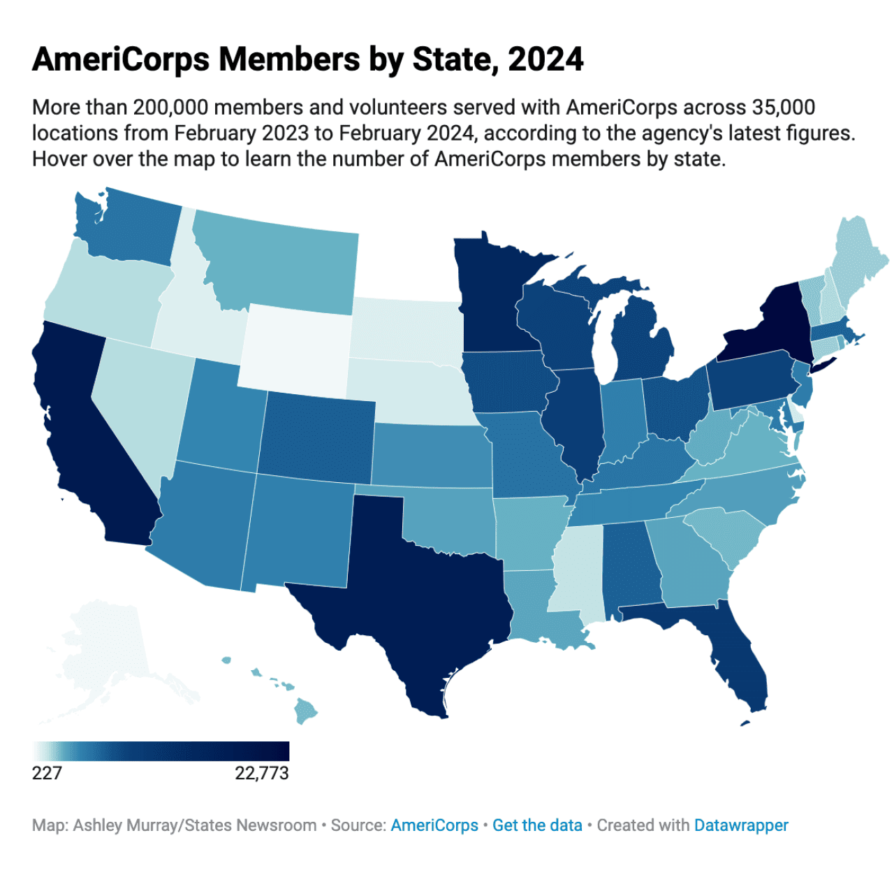 Map showing which states have the most AmeriCorps service members ranging from 227 to 22,773.