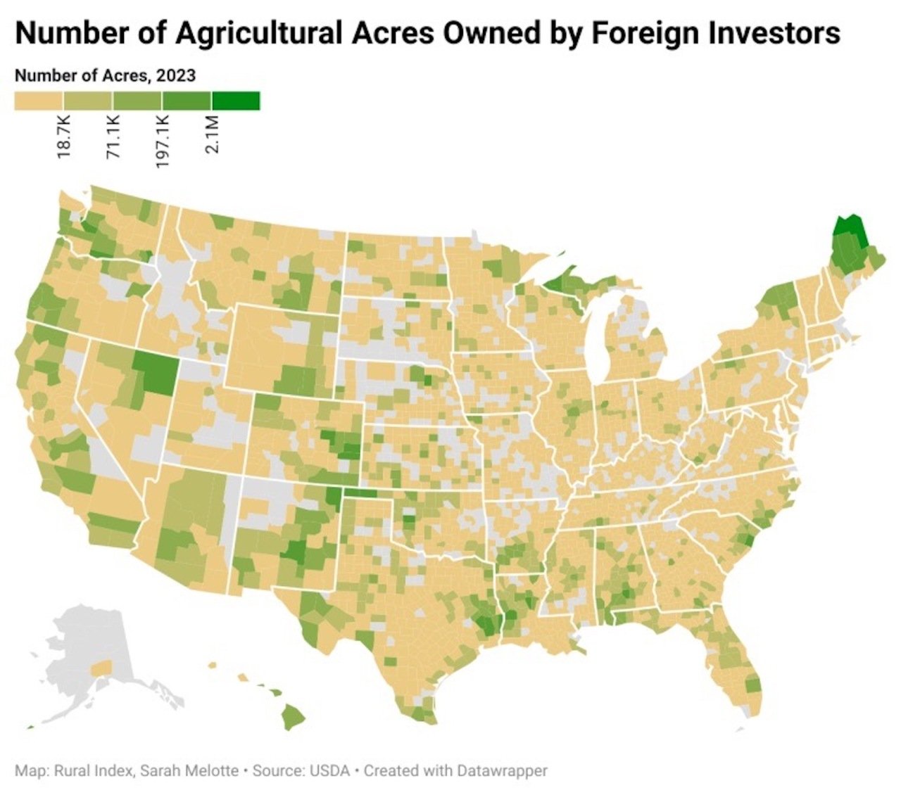 Data map showing the number of agricultural acres owned by foreign investors across the U.S.