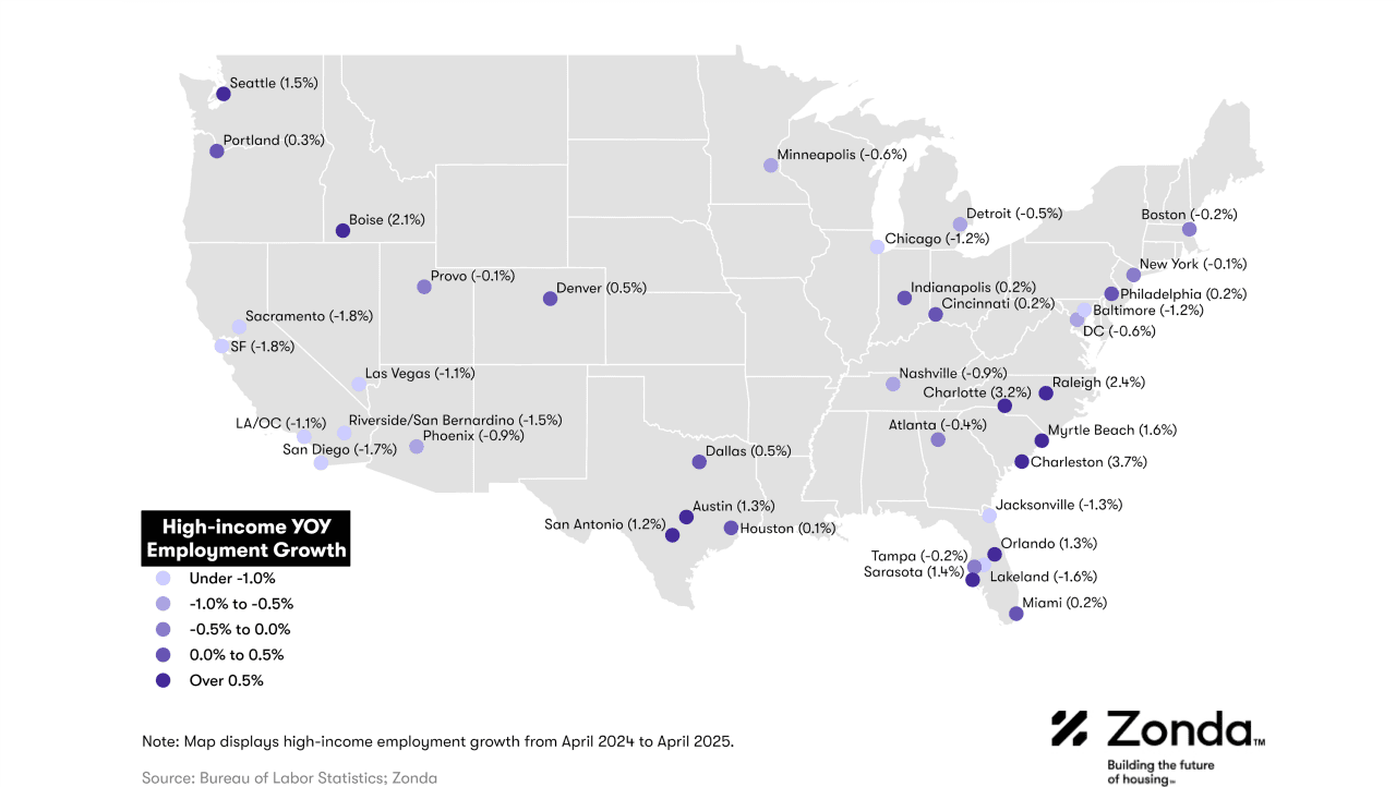 Data map of the U.S. showing the high-income YOY employment growth in the top U.S. cities.
