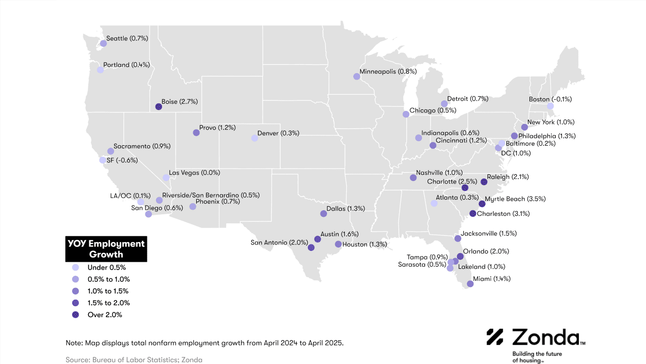 Data map of the U.S. showing the YOY employment growth in the top U.S. cities.