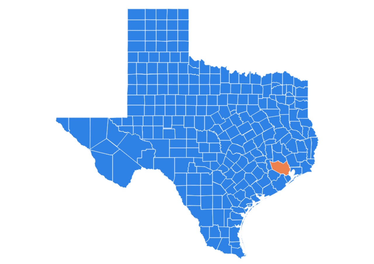 Infographic map highlighting the Harris county in the state of Texas.