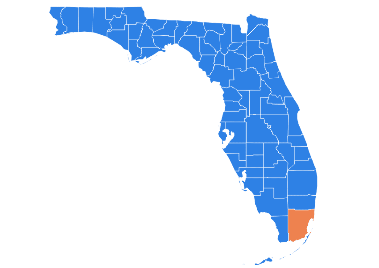 Infographic map highlighting the Miami-Dade county in the state of Florida.
