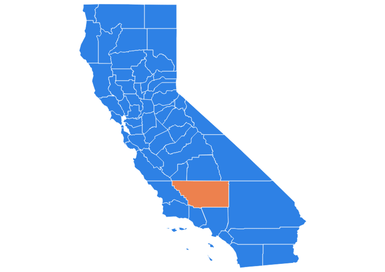 Infographic map highlighting the Kern county in the state of California.