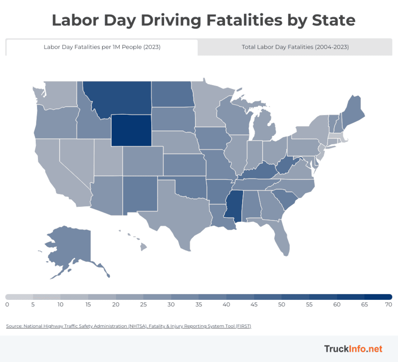 Data map of the U.S. showing where most Labor Day driving fatalities occur by state.