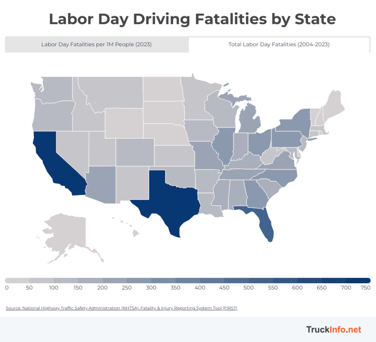 Data map of the U.S. showing where most Labor Day driving fatalities occur by state (total from 2004-2023).