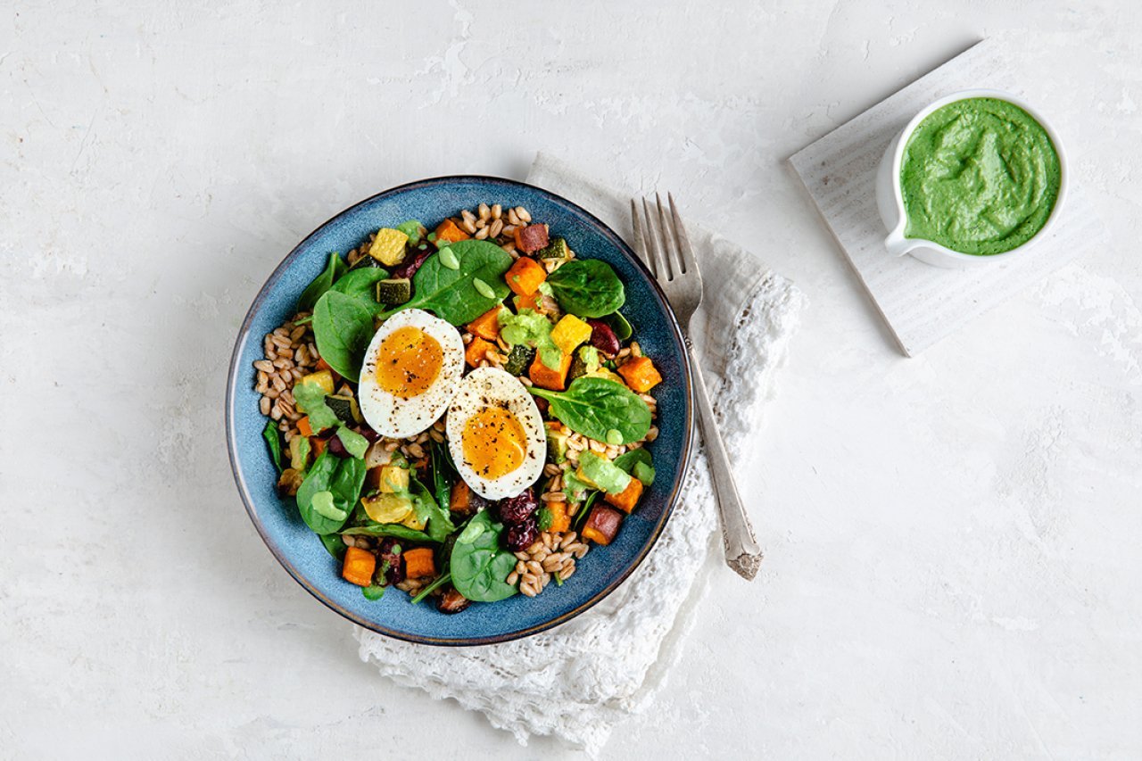 Roasted vegetable grain bowl.