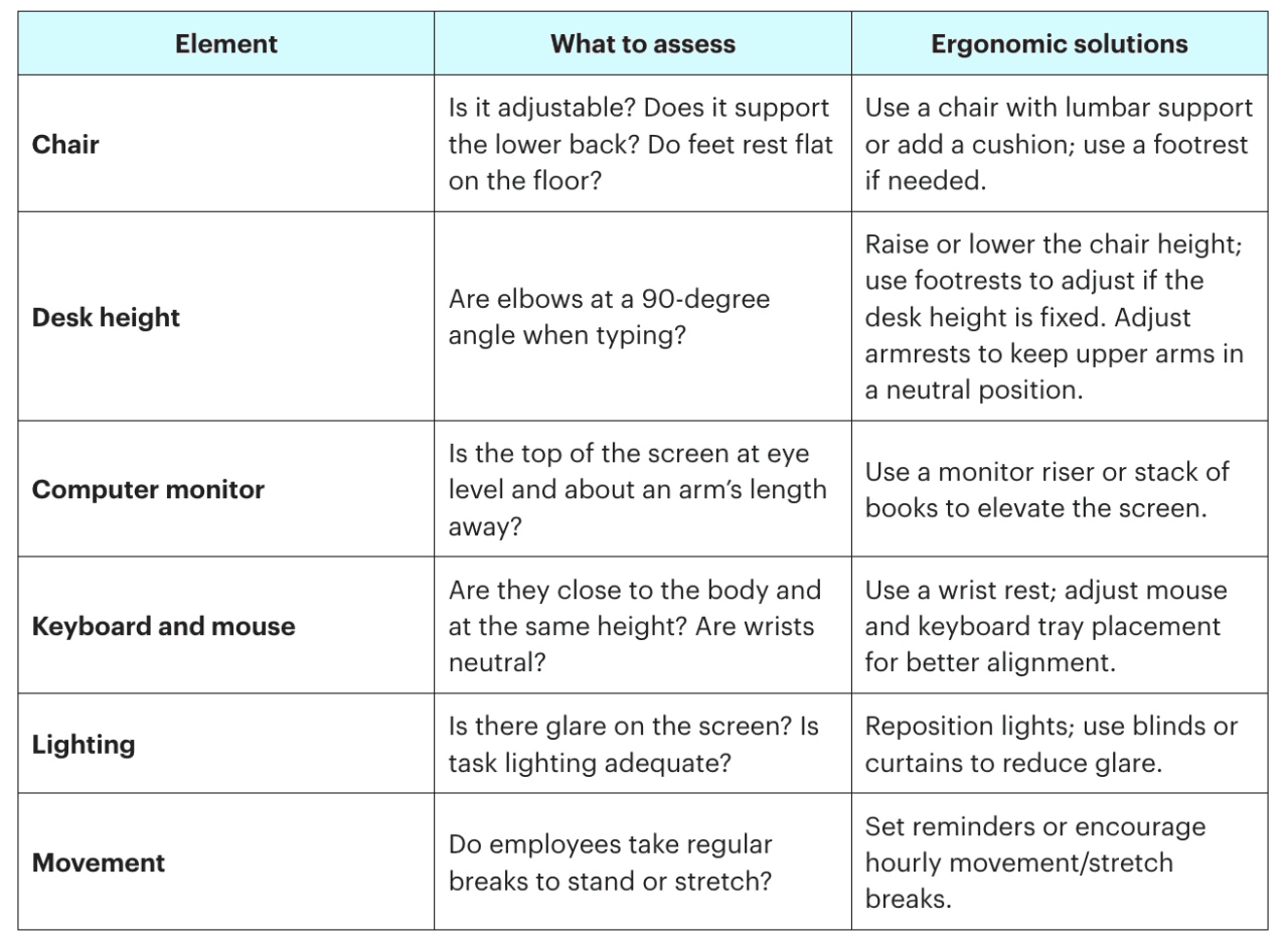 Table of potential workplace issues to assess and their ergonomic solutions.