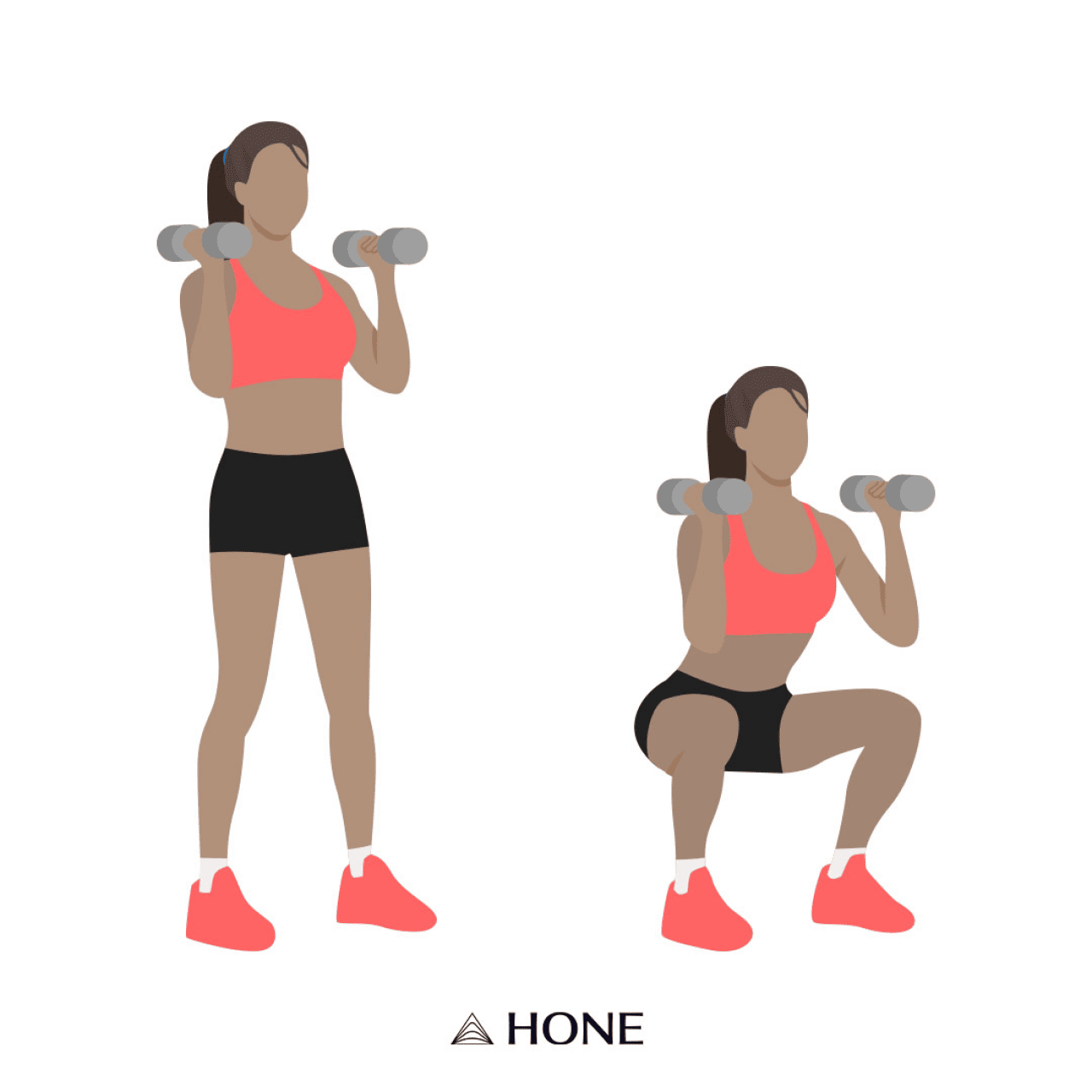 Custom illustration of a figure of a woman doing dumbbell squats.