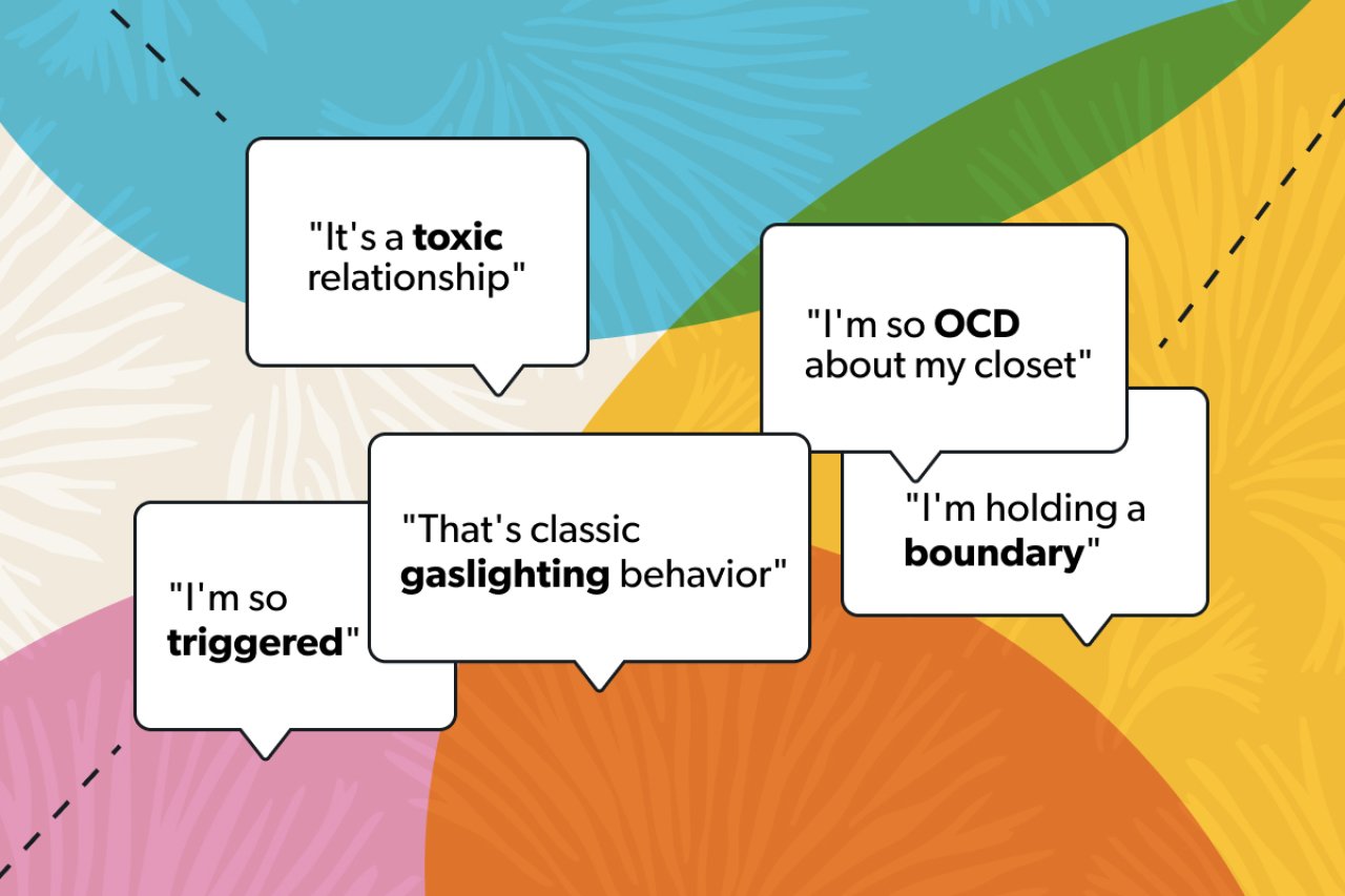 Custom illustration showing speech bubbles using some common therapy words in sentences.