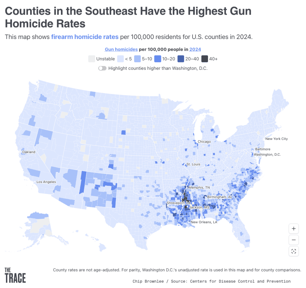 Data map showing firearm homicide rates per 100,000 residents for U.S. counties in 2024.