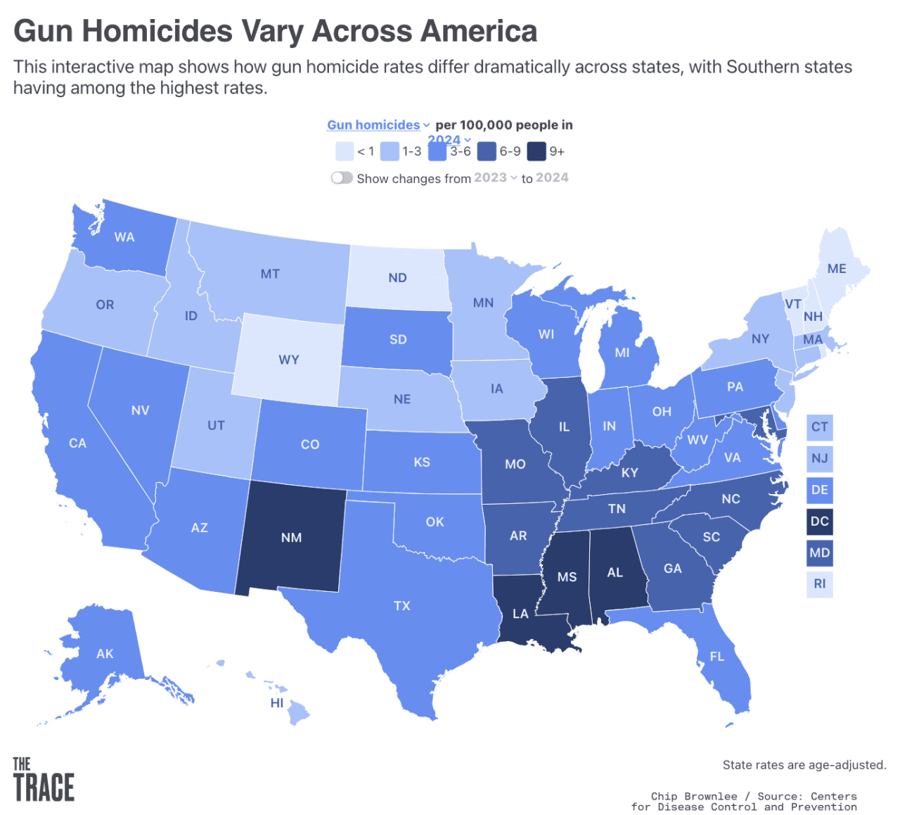 Data map showing how gun homicide rates differ dramatically across states, with Southern states having among the highest rates.