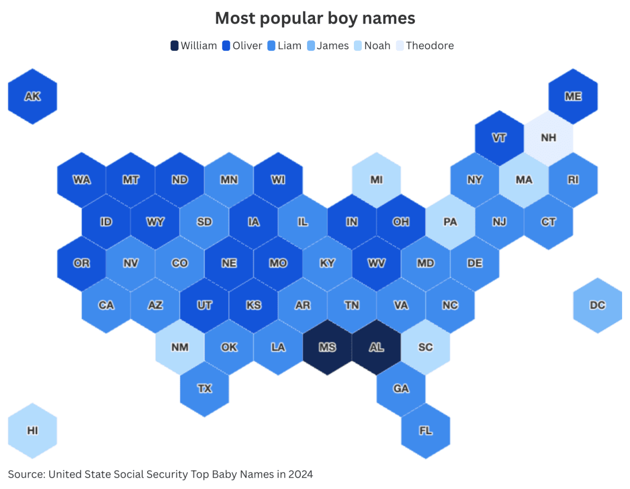 Data map of the U.S. showing the most popular boy names by state.