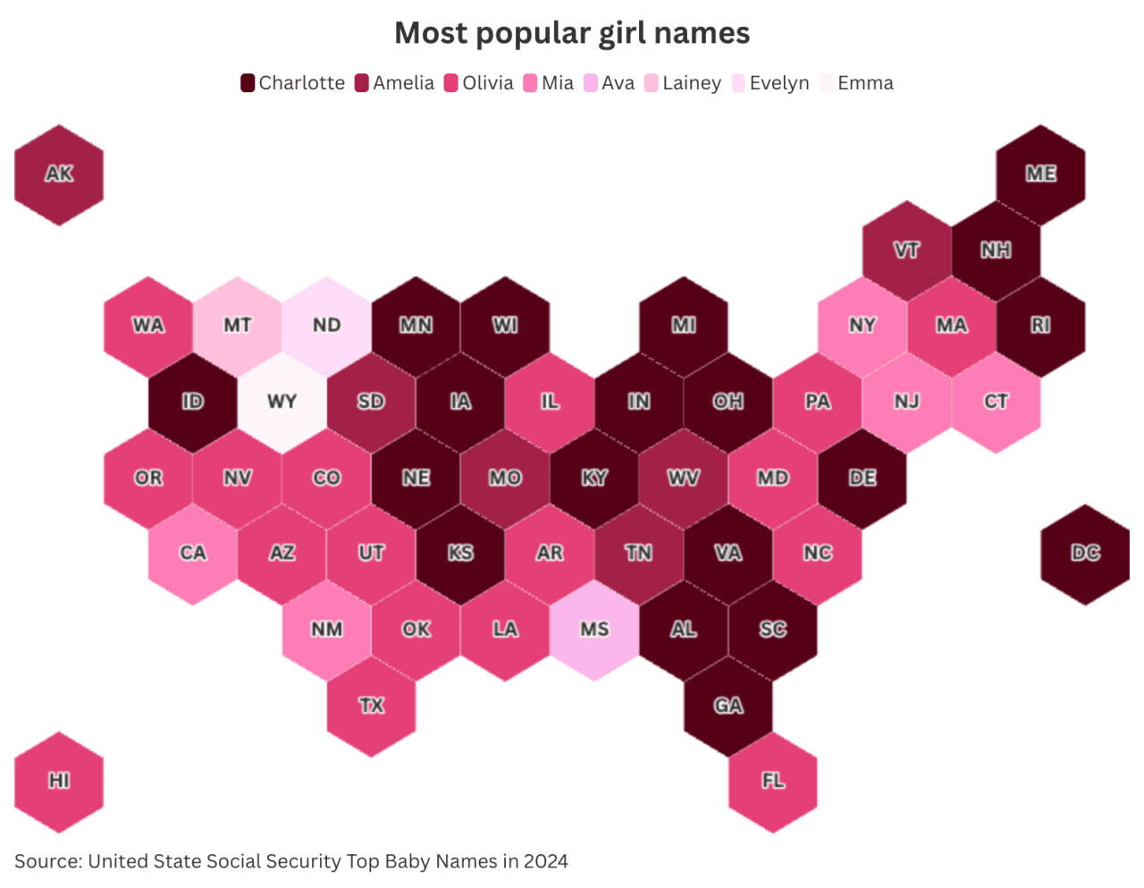 Data map of the U.S. showing the most popular girl names by state.