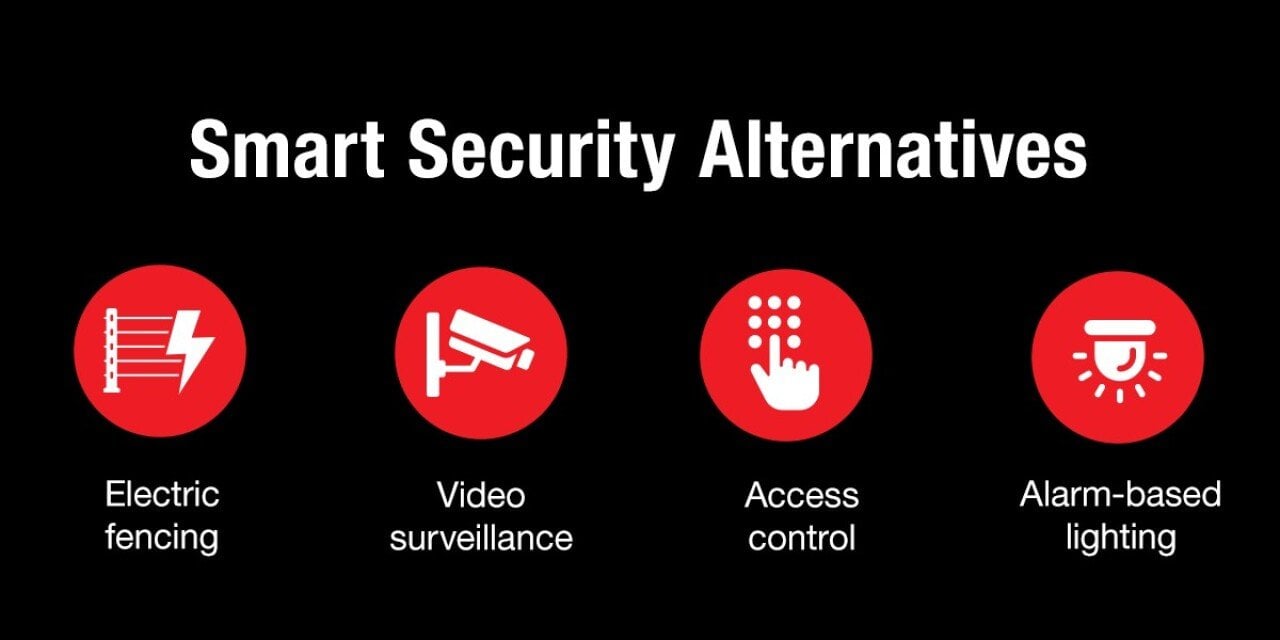 Four security alternatives outined in red on a black graphic 