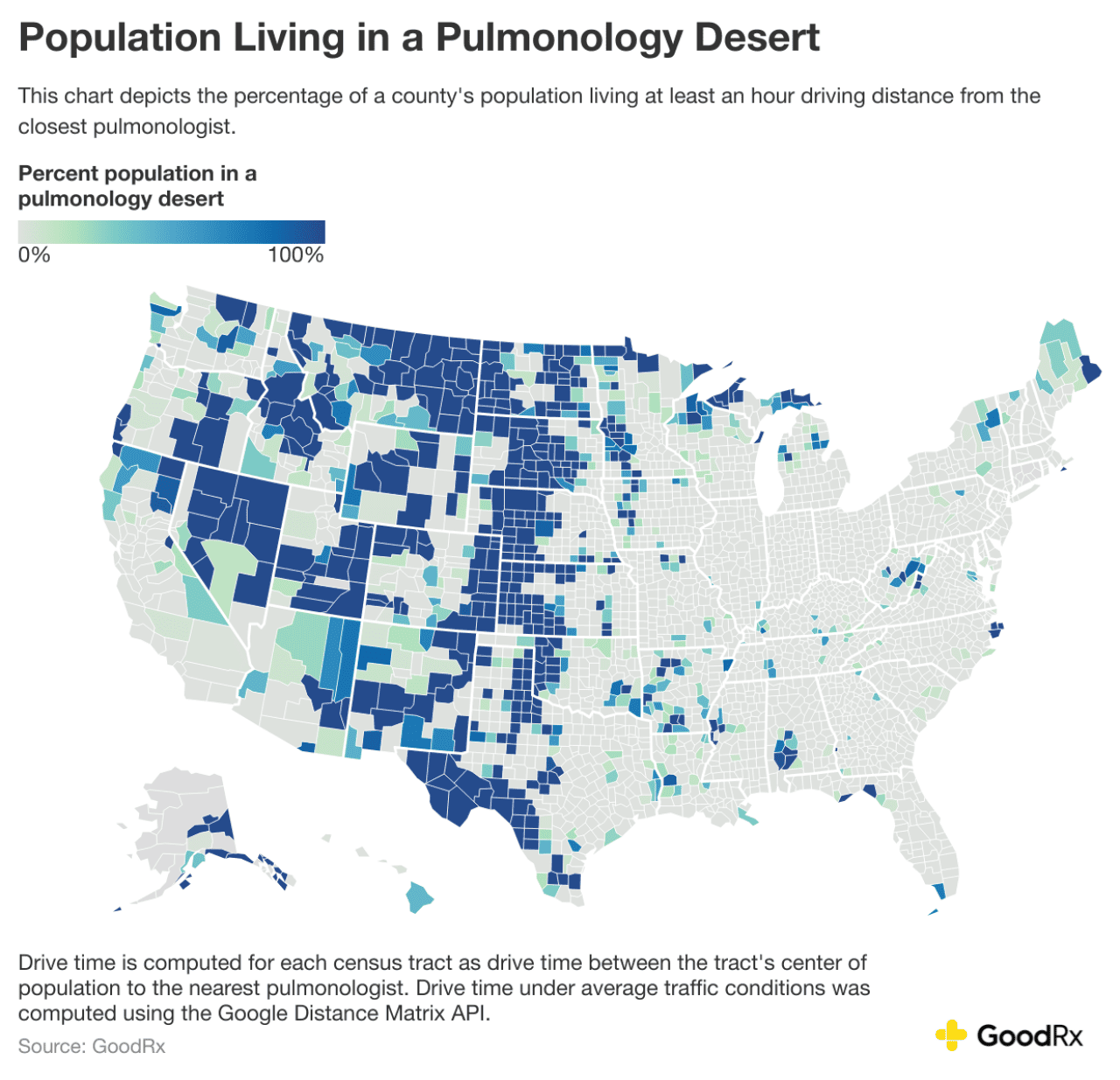 Data map of the US showing percentage of a county's population living at least an hour driving distance from the closes pulmonologist.