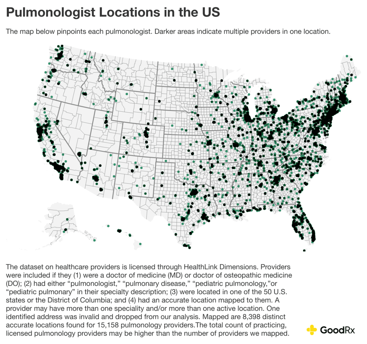 Data map of the US showing where all pulmonologists are located across all states. The darker areas indicate multiple providers in one location.