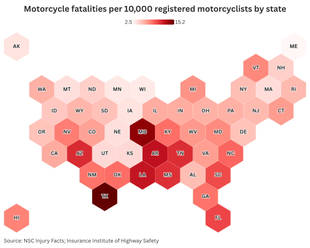 Data map showing motorcycle fatalities per 10,000 registered motorcyclists by state.