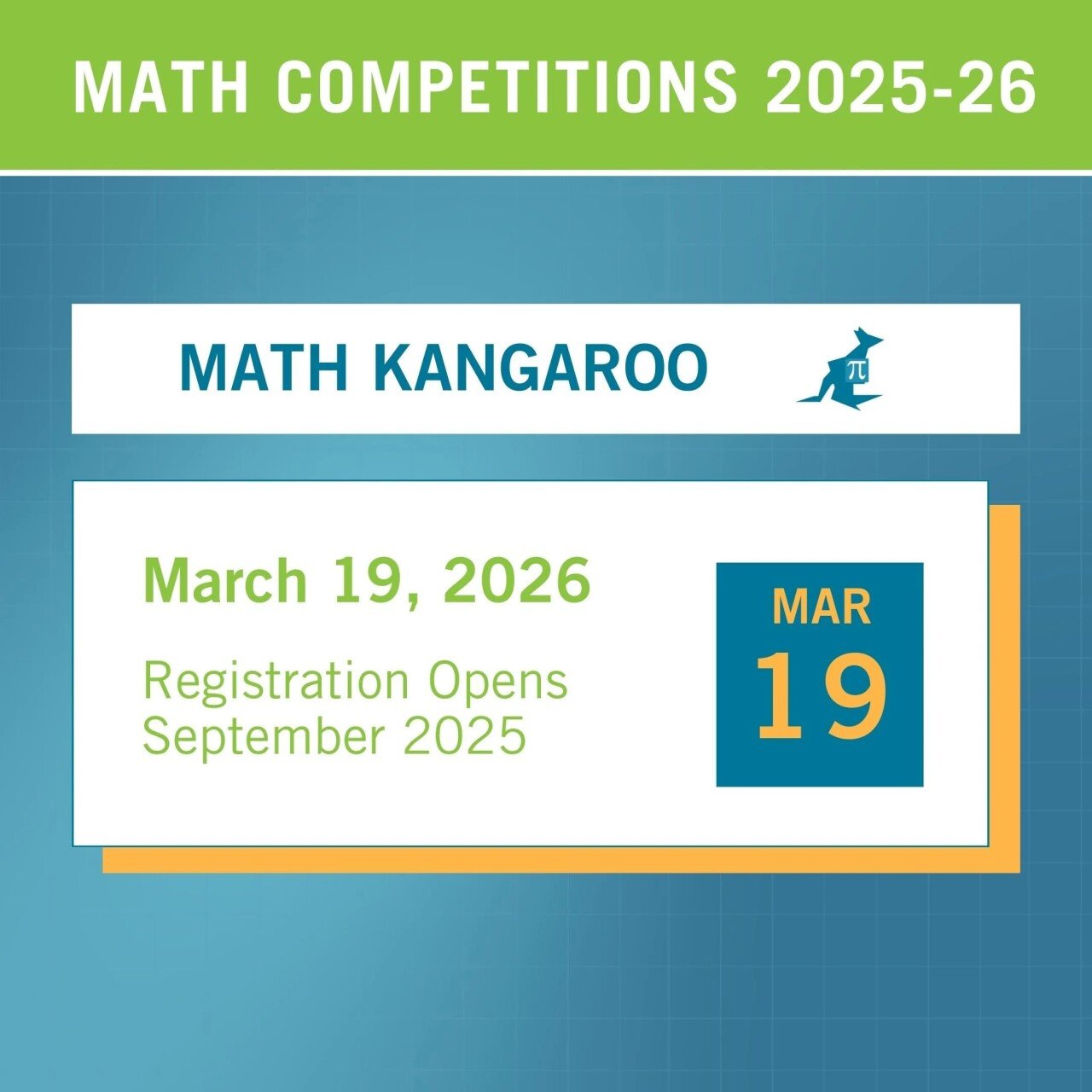 Infographic on the Math Kangaroo event happening on March 19, 2026 with its registration opening on September 2025.